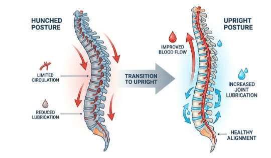 Infographic of a human spine shifting from a hunched sitting posture to an upright position, with arrows indicating improved blood flow and joint lubrication.