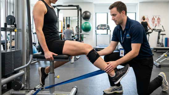 Physiotherapist assisting a patient with leg rehabilitation exercises using resistance training equipment to improve muscle recovery and strength after injury.
