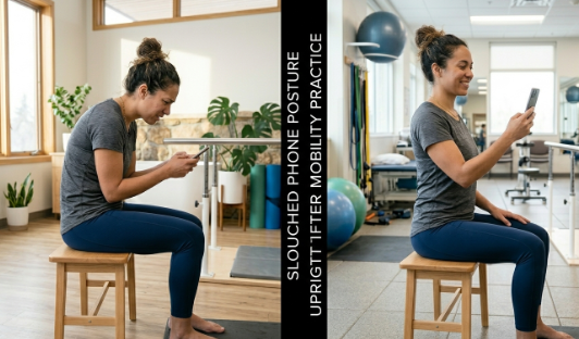 Side-by-side view of the same person indoors showing poor slouched posture while using a phone contrasted with an upright, aligned posture after mobility practice, illustrating posture correction and improved body alignment.